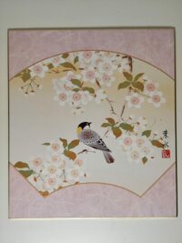 Shikishi japonais – Oiseau et fleurs de cerisier (sakura)