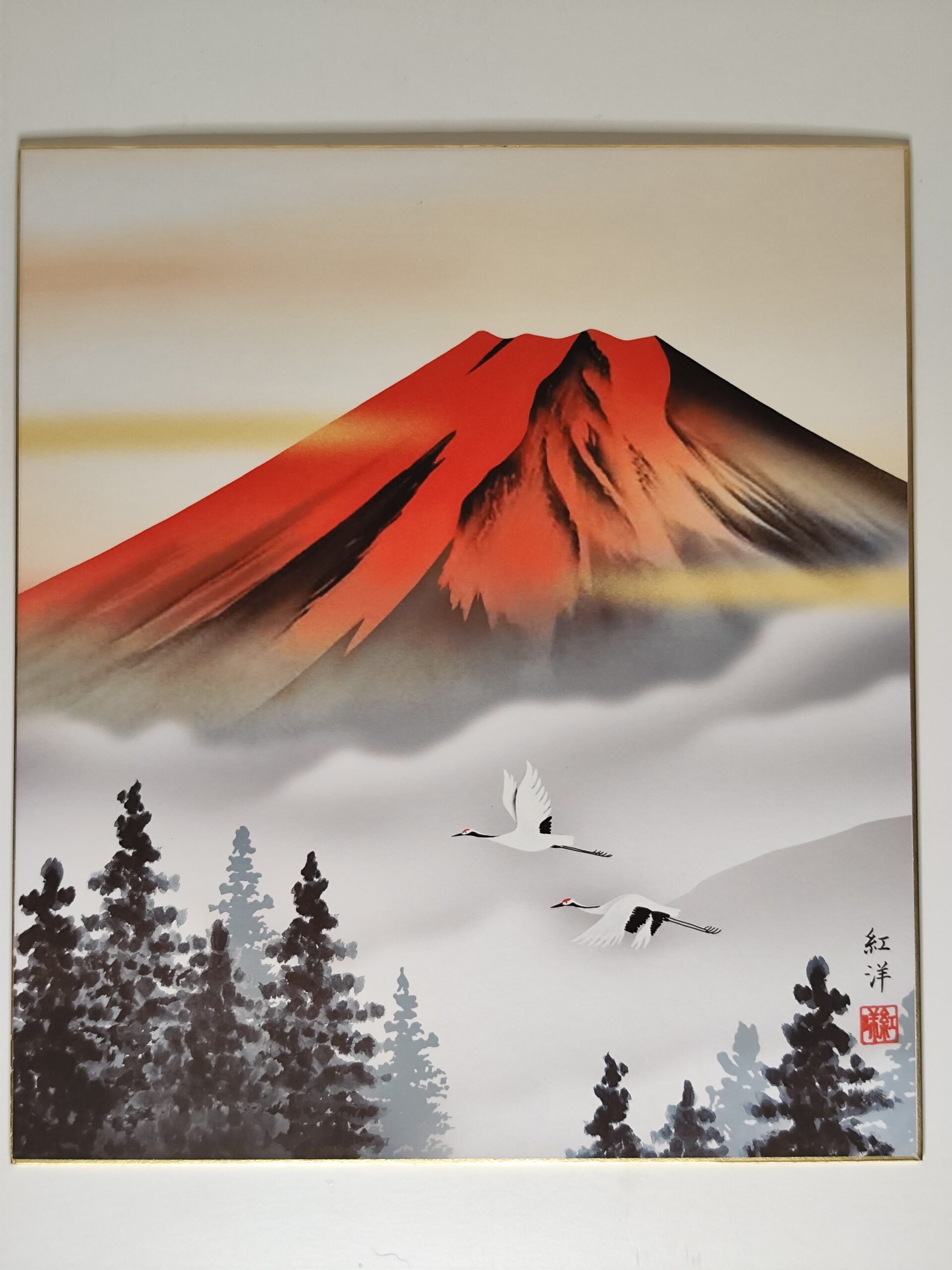 Shikishi japonais – Mont Fuji rouge et grues en vol